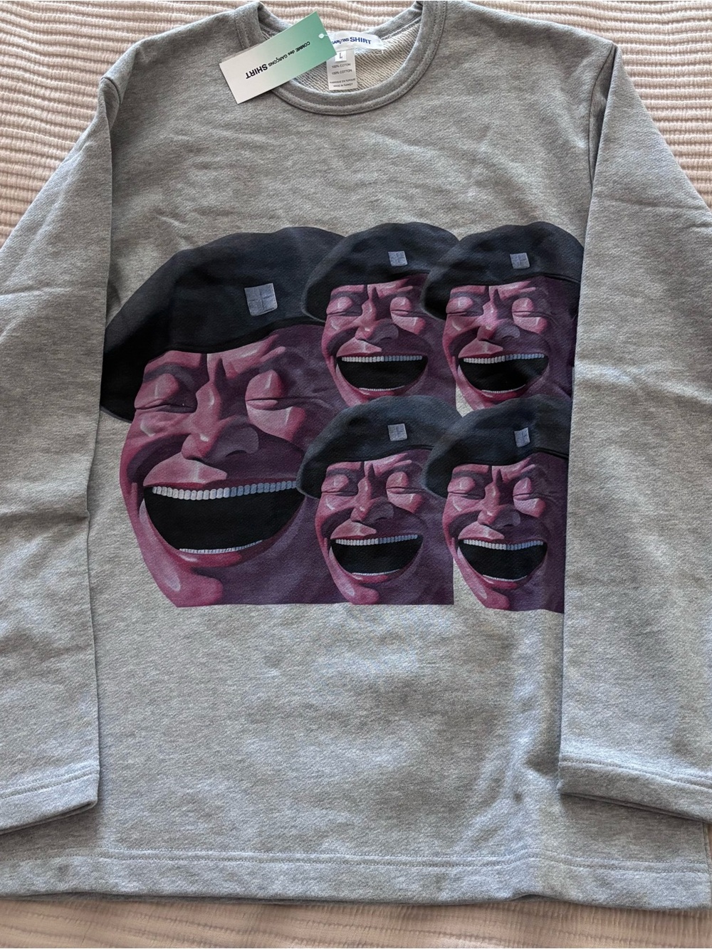 RARE Comme des Garçons SHIRT x Yue Minjun artist Crewneck Sweatshirt Faces NWT L